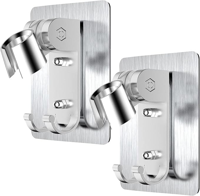 2PCS Shower Head Holder,Strong Adhesive Shower Holder,Adjustable Shower Wand Holder with 2 Hanger Hooks,Handheld Shower Head Wall Mount Bracket,Shower Holder Adapter For Bathing,Bathroom,No Drill Need