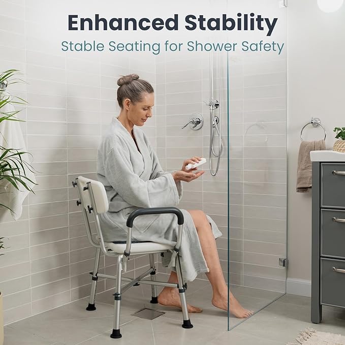PELEGON Shower Chair for Elderly and Disabled (450lb) with Padded Armrests and Back, Adjustable Height Shower Seat, Heavy Duty Shower Chairs for Inside Shower, Handicap - Blue