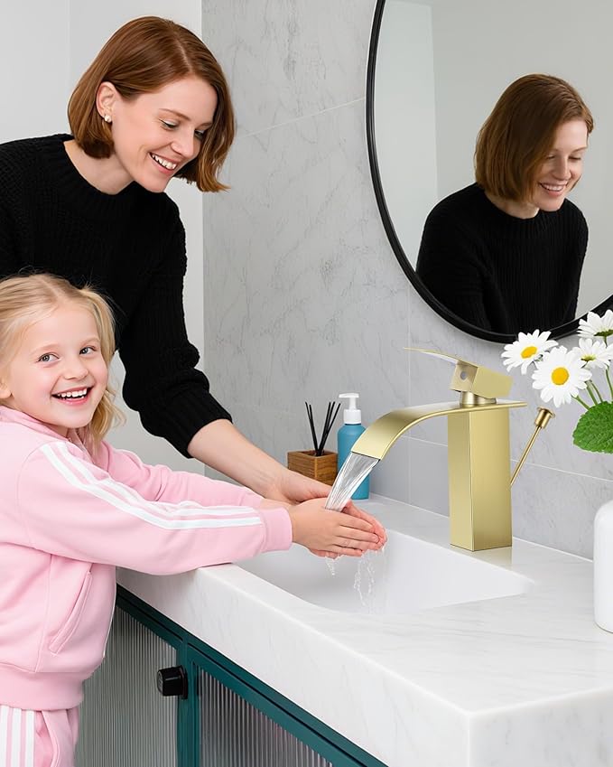 Bathroom Faucets with Lift Rod Drain Brushed Gold Waterfall Bathroom Sink Faucet Modern Single Handle Bathroom Faucet for 1 or 3 Hole Mxier Tap Washbasin Faucet with Deck