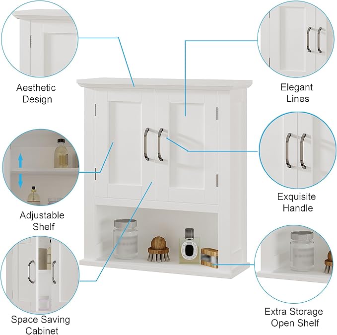 ChooChoo Wood Wall Cabinet with Doors, Medicine Cabinet with Adjustable Shelves Over The Toilet, Hanging Cabinet Wall Mounted for Bathroom, Kitchen, Living Room, White