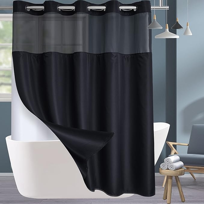 Conbo Mio Extra Long No Hook Shower Curtain with Snap in Liner Set, Hotel Luxury Black Fabric Shower Curtains for Bathroom with See Through Top Window, Washable, Waterproof 71W x 84H