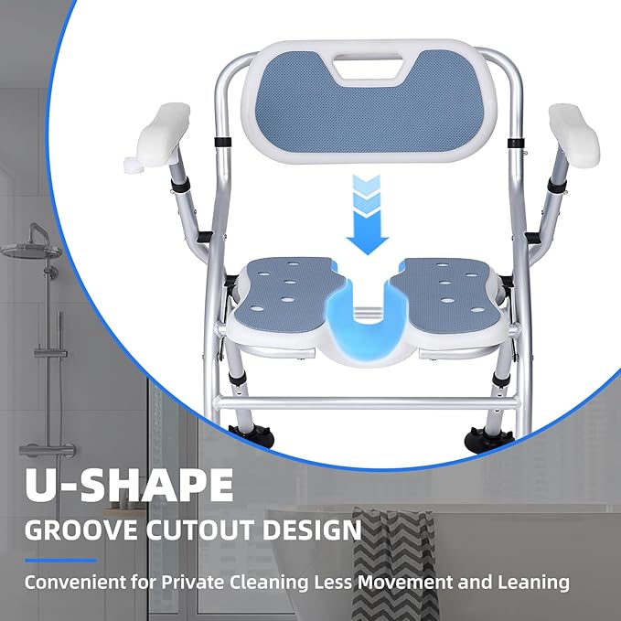 Shower Chair for Inside Shower,Foldable Shower Chair for Elderly and Disabled, Adjustable Height Chairs with Padded Arms and Back for Bathroom,Compact and Comfortable ,Extra Wide U-Shape