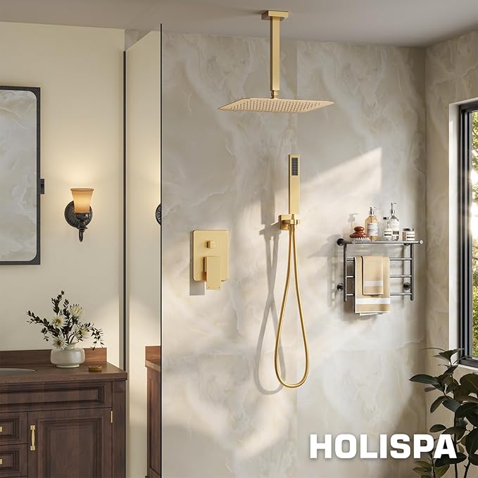 Ceiling Mount Shower Faucet Set, Gold Shower System with 10-Inch Rain Showerhead and Handheld Spray Combo, High-Pressure Showerheads Set with Valve and Trim Kit, Brushed Gold
