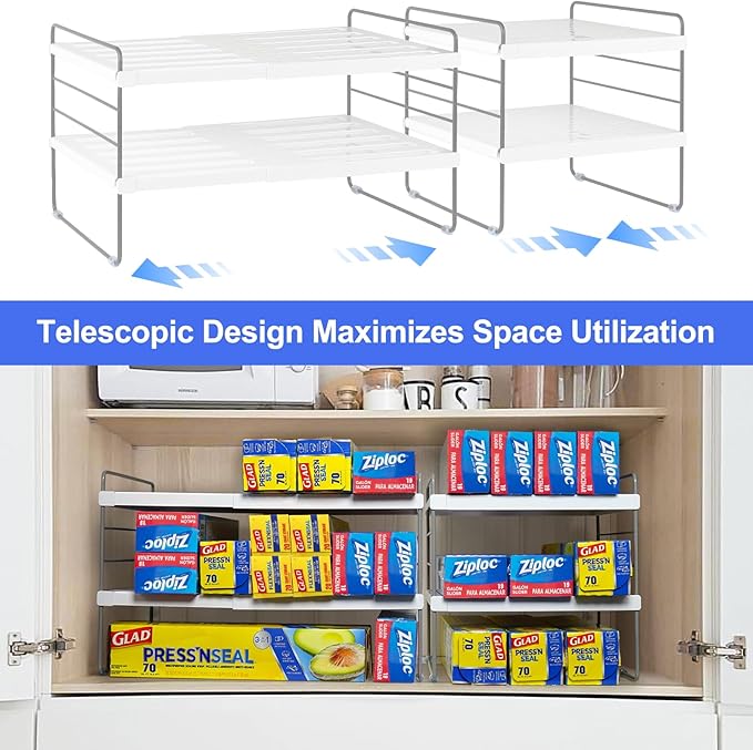 Pantry Organizers and Storage,3 Tiers Expandable Foil and Plastic Wrap Organizer, Adjustable Kitchen Cabinet Shelf Organizer, Shelves Storage Rack for Cabinet Countertop (9.8" To 15.6"L) 2PCS