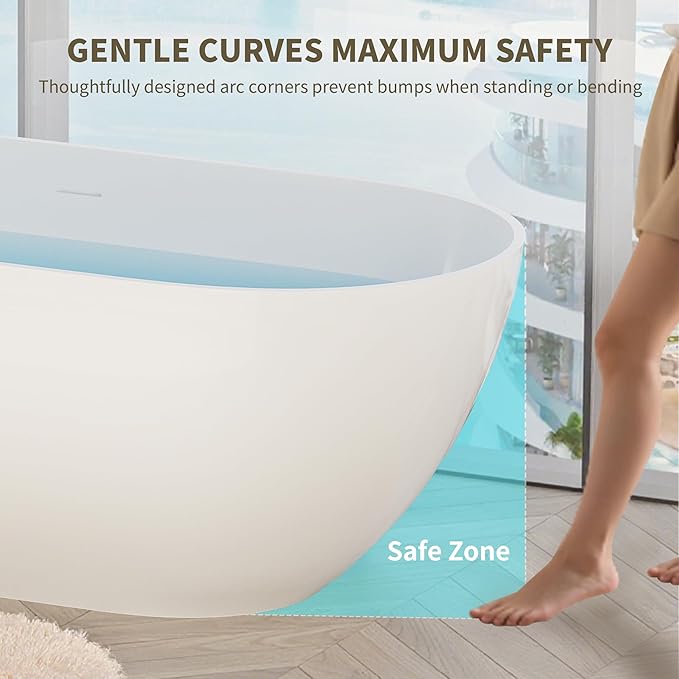 Abruzzo 59" Free Standing Solid Surface Resin Stone Bathtub, Contemporary Oval Soaking Tub with Overflow and Pop-up Drain, cUPC Certified，Matte White