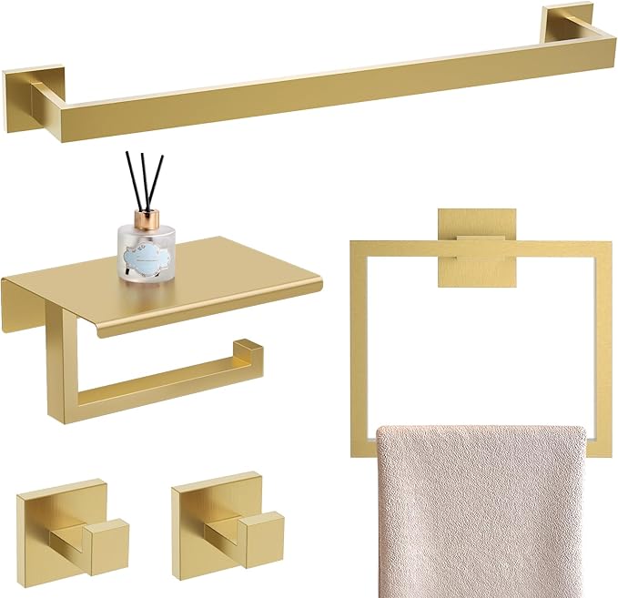 YACVCL Brushed Gold Bathroom Hardware Accessorie Set 23.6 Inch Towel Bar Set 5-Pieces Towel Rack&Holder Set for Bathroom,Upgraded Toilet Paper Holder with Shelf,Stainless Steel Wall-Mounted