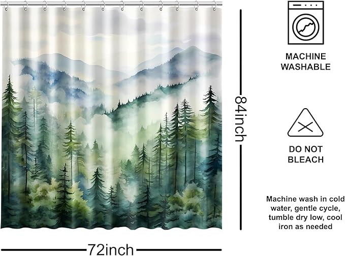 Coveted Goods 72" x 84" Mountain Forest Shower Curtain, Misty Pine Tree Landscape, Waterproof Polyester, Includes Grommets and Hooks, Machine Washable Nature-Inspired Bathroom Decor