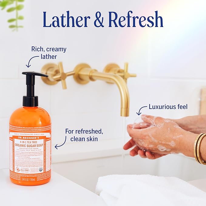 Dr. Bronner's - Organic Sugar Soap (Tea Tree, 64 Ounce) - Made with Organic Oils, Sugar and Shikakai Powder, 4-in-1 Uses: Hands, Body, Face and Hair, Cleanses, Moisturizes and Nourishes, Vegan