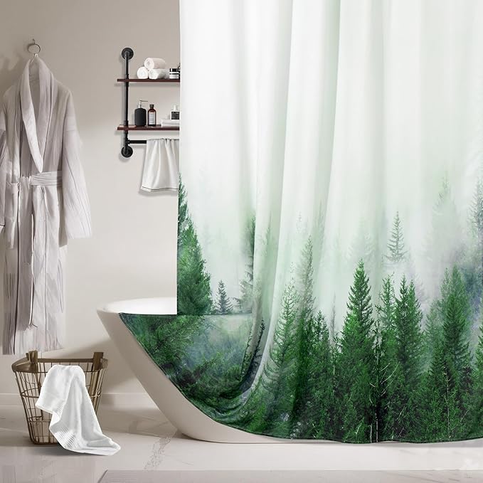ORTIGIA Green Misty Forest Heavy Duty Shower Curtain for Bathroom, Nature Woodland Shower Curtain Set with Hooks, Decorative Pine Tree Fog Magic Bath Curtain for Home, 70x72