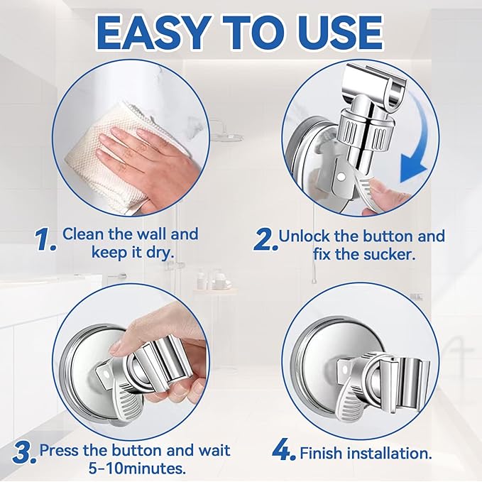 Adjustable Shower Head Holder, Bathroom Suction Cup Bracket for Handheld Shower, Removable Wall Mount (Silver-2)