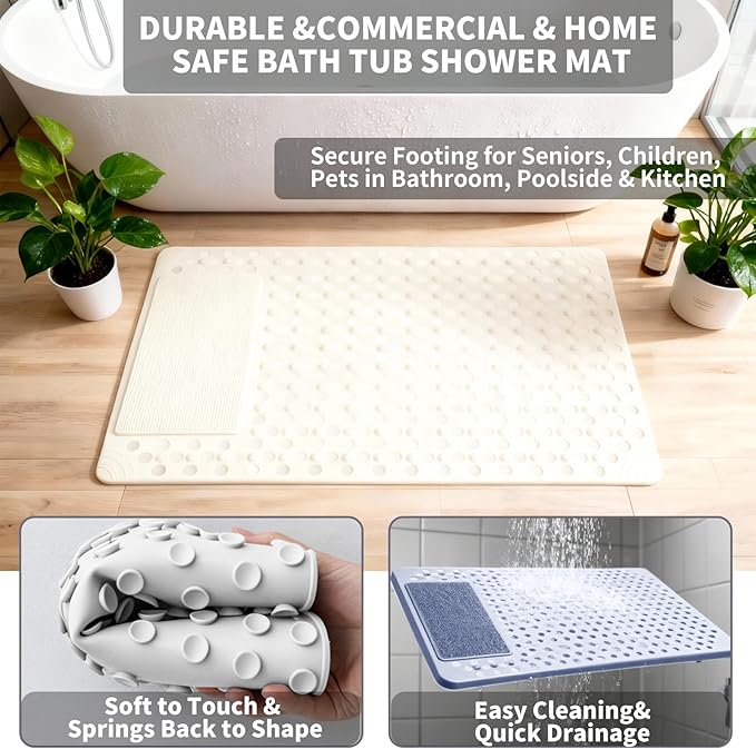 Bath Tub Shower Mat with Soft Shower Foot Scrubber Mat for Massage,Non Slip Bathtub Mat with Strong Suction Cups, Silicone Shower Foot Scrubber Mat (White, 31.5" X 19.7"(Rectangular)