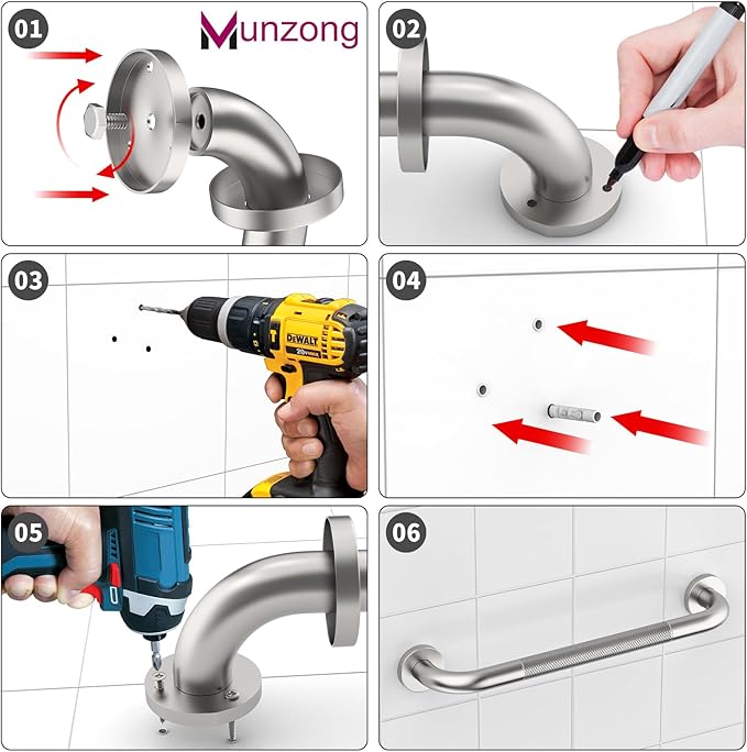 16 Inch Anti Slip Shower Grab Bar,Munzong Stainless Steel Handicap Grab Bars for Bathtubs and Showers,Brushed Nickel Knurled Balance Bar,Safety Hand Rail Support Elderly Senior Bath Handle
