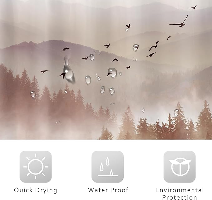 Riyidecor Foggy Mountain Shower Curtain 60Wx72H Inch Abstract Woodland Misty Nature Scenery National Park Scene Rustic Tree Landscape Natural Bathroom Decor Fabric Polyester Waterproof 12 Pack Hooks