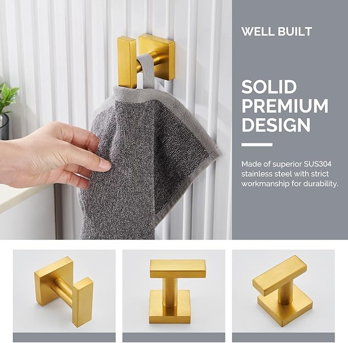 Angle Simple Towel Hook for Bathroom, SUS 304 Stainless Steel Robe Coat Hook for Wall, Hand Towel Holder, Brassy Gold