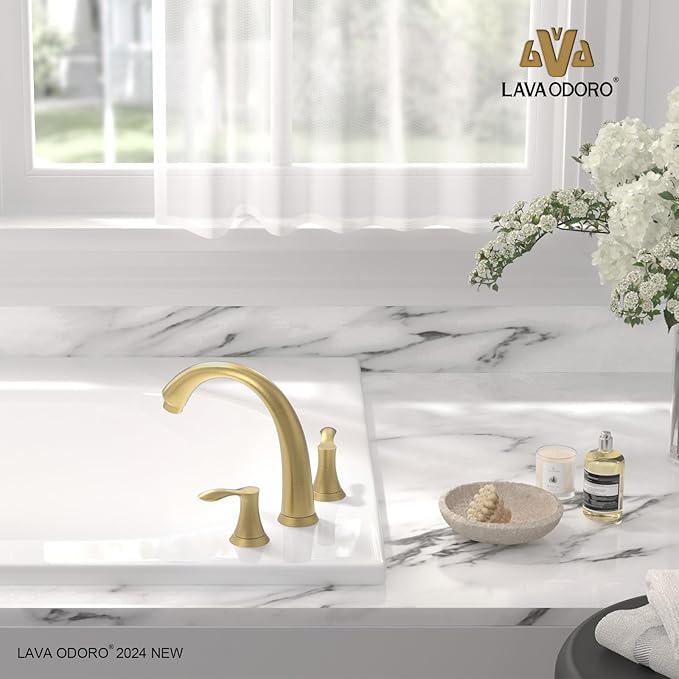 Lava Odoro Brushed Gold Roman Tub Faucet, 2 Handle Bathtub Faucet with Valve, High Flow 8 inch Widespread Deck Mount Tub Faucet, Solid Brass 3 Hole Bath Tub Filler TF405-SG