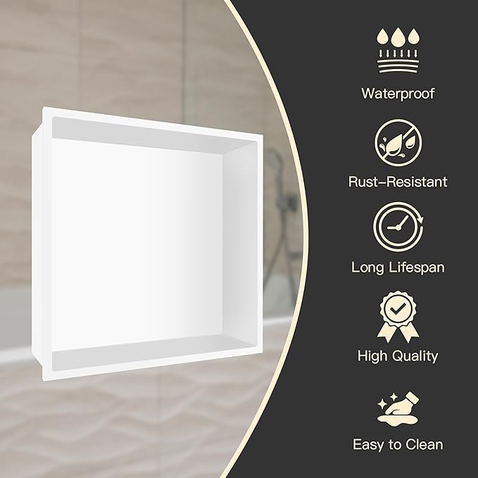12" X 12" Shower Niche Insert Tile Ready, Niche for Shower Wall, Stainless Steel Recessed Shelf No Tile Needed for Bathroom Storage, White