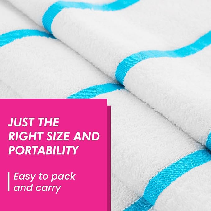 CASA COPENHAGEN Cabana Beach Towel Designed in Denmark Rough and Tough, Quick Dry, Pool, Bath & Shower 30x60 inches 4 Pieces Cotton Beach Bath Towels Set - White Teal Stripe