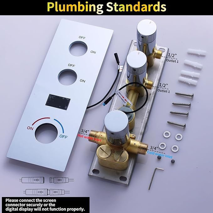 AYIVG Shower Diverter Valve Chrome Solid Brass Pressure Balance Diverter Valve 2 Way Digital Display Diverter Shower Valve Temperature Control Valve with Individual On Off Flow Control Shower Valve