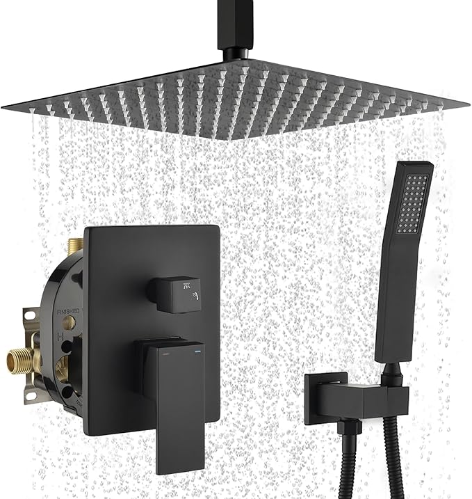 WELLFOR 12-In Ceiling Mount Shower System with Single Handle, Pressure-balanced Valve Included, Waterfall Dual Head Shower Head System, Rain Shower System, Shower Faucet Trim Kits, Matte Black