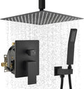 WELLFOR 12-In Ceiling Mount Shower System with Single Handle, Pressure-balanced Valve Included, Waterfall Dual Head Shower Head System, Rain Shower System, Shower Faucet Trim Kits, Matte Black