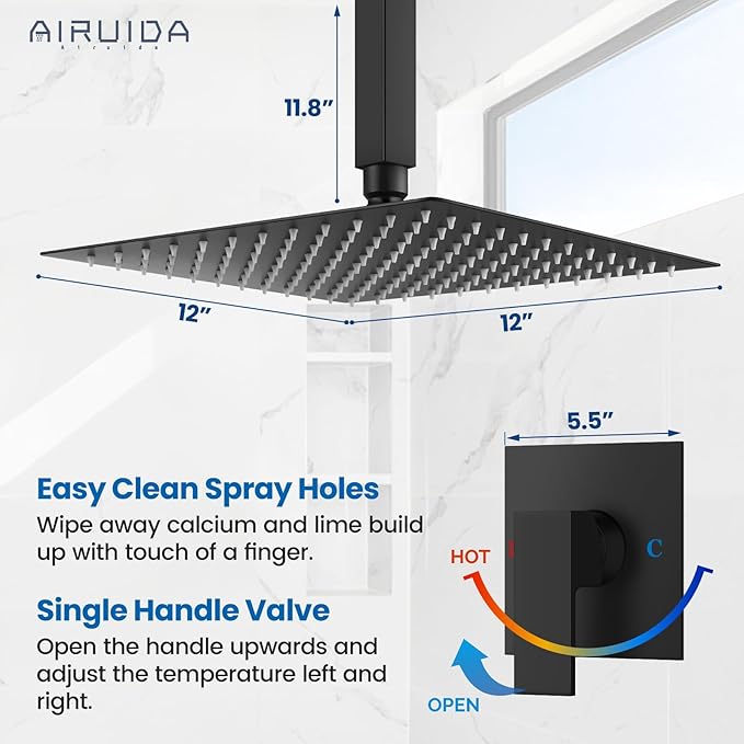 Airuida Shower Faucet Set and Handle Set Single Function Shower Trim Kit Ceiling Mount Rainfall Shower System with Male Threads and Rough-in Valve 12 Inch Square Shower Head Matte Black