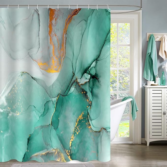 Gibelle Abstract Marble Shower Curtain, Teal Green Jade Texture Gold Stripes Ombre Watercolor Paint, Modern Ink Art Decor Waterproof Fabric Curtain for Bathroom Set, 71x71