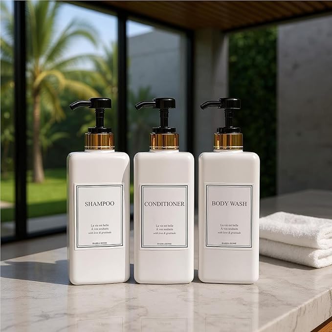 Modern Gold Design Pump Bottle Set 27 oz Refillable Shampoo and Conditioner Dispenser Empty Shower Plastic Bottles with Pump for Bathroom Lotion Body wash Massage Oils, Pack of 3 (Black)