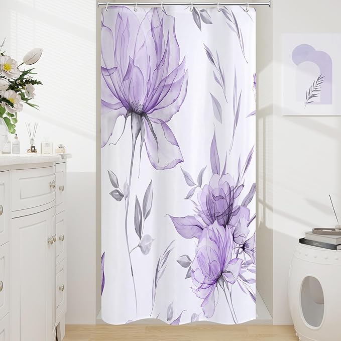 Small Stall Boho Watercolor Floral Shower Curtain 36 x 72, Purple and Grey Ink Painting Style Flower Shower Curtains for Chic Elegant Bathroom, Artistic Narrow Half Size Shower Curtain