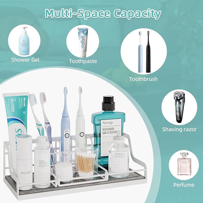 Toothbrush Holders, Bathroom Organizers and Storage with Instant Drying Stone, 6 Slots Bathroom Accessories with Adjustable Toothpaste Holders, Bathroom Counter Organizer, White