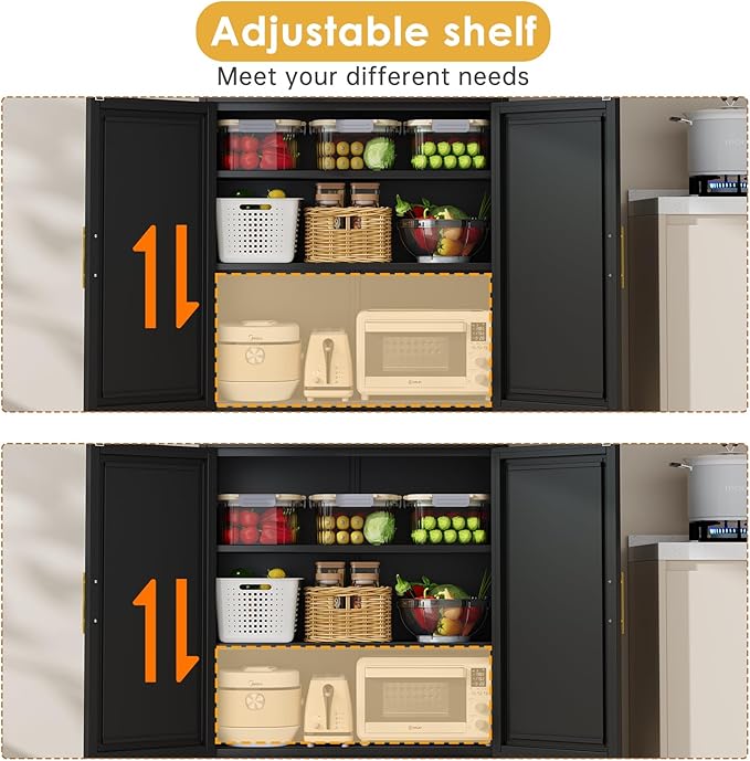 75" Tall Metal Kitchen Pantry Storage Cabinet, Freestanding Cupboard Storage Cabinet with 4 Doors and 4 Adjustable Shelves, Large Stand Up Food Cupboard for Dinning Room, Bathroom（Black）