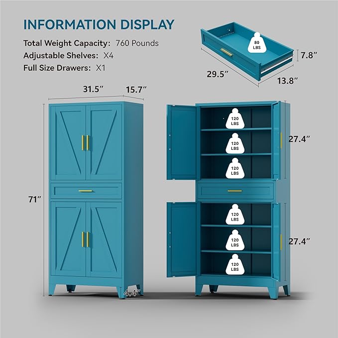 71" Tall Farmhouse Pantry Cabinet,Metal Cabinets with Doors and Shelves,Storage Cabinet for Kitchen Dining Room Garage,Blue Green