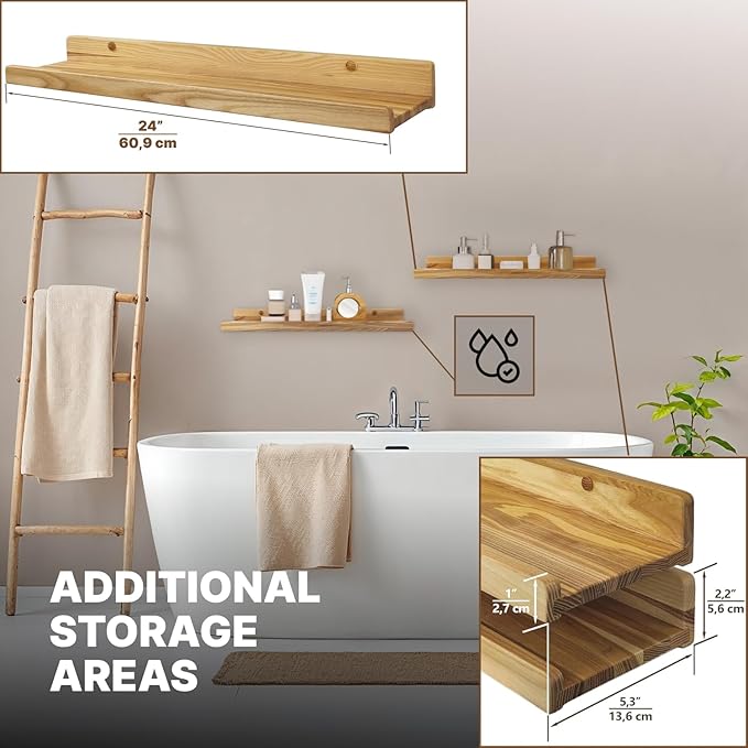 Floating Shelves for Wall 24 inch, Waterproof, Wall Storage Shelves with Lip, Display Picture Ledge Shelf for Living Room Photo Frame, Natural Wood Hanging Book Shelves (Natural, Set 2)