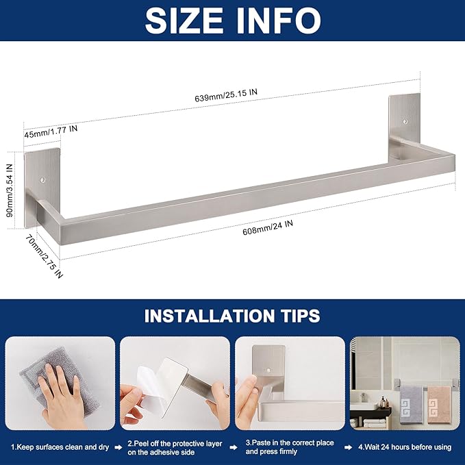 NearMoon Self Adhesive Bathroom Towel Bar, Stainless Steel Square Bath Wall Shelf Rack Hanging Towel Stick On Sticky Hanger Contemporary Style, Towel Rack Wall Mounted (24 Inch, Brushed Nickel)