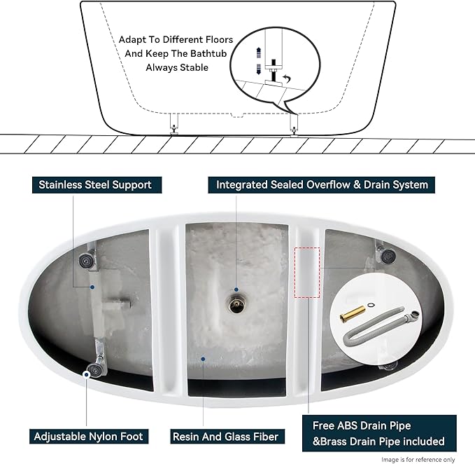 FerdY Tahiti 67" Freestanding Bathtub Elegant Oval Shape, Glossy White Double Walled Insulation bathtub with Center Brushed Nickel Drain, UPC Certified -02119