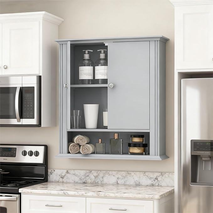 Wall Mounted Bathroom Cabinet Wooden Storage Cabinet with 2 Doors & Adjustable Shelf, Hanging Wall Cabinet Over Toilet, Upper Cabinet Storage Cupboard forBathroom, Kitchen,Laundry Room, Light Grey