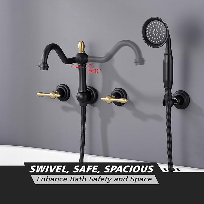 SUMERAIN High Flow Wall Mount Tub Filler, Vintage Bathtub Faucet with Sprayer and Rough-in Valve, Black and Gold Finish