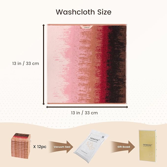 SEMAXE 100% Cotton Washcloths 12-Pack, 13 × 13 Inch Soft Luxury Face Towels – Super Absorbent & Quick-Dry, Premium Cloth with Hanging Loop, Oeko-TEX Certified, Gift-Ready Box