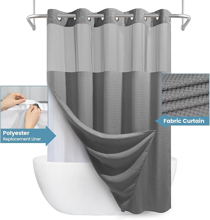 Long No Hook Shower Curtain with Snap in Liner,230GSM Waffle Weave Shower Curtains for Bathroom,71W x 77H(75"),Grey