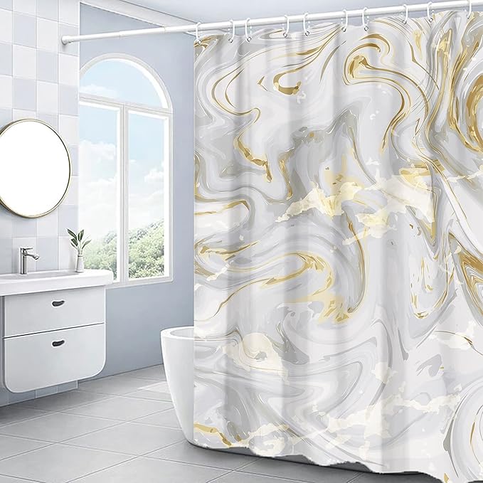 Domoku Grey Gold Marble Shower Curtain,Grey Golden Cracked Lines Abstract Modern Shower Curtain for Bathroom Decor,Waterproof Texture Washable Fabric Shower Curtain,72 X 72