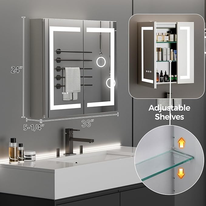 New LED Bathroom Mirror 24 * 36 Stepless Dimmable Wall Mirrors with Anti-Fog, Shatter-Proof, Memory, 3 Colors, Memory Function, Water Proof, Decor Vanity Mirror