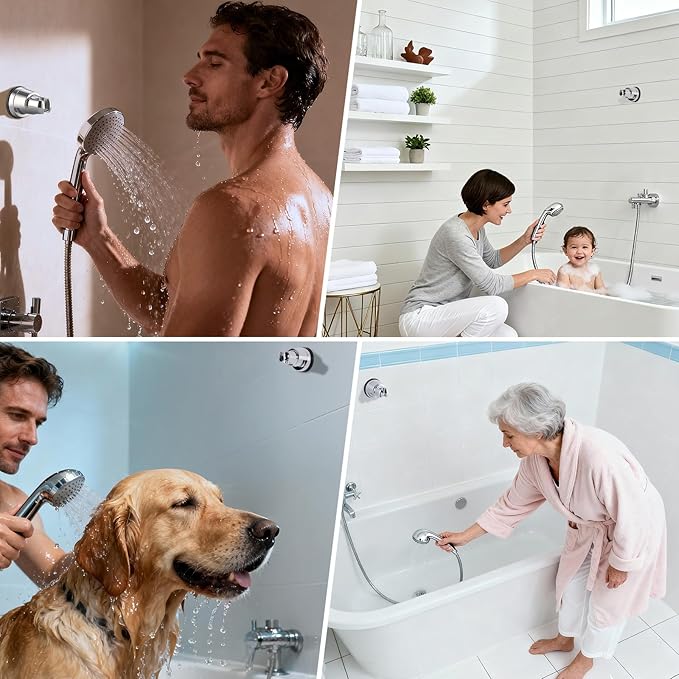 Hibbent Vacuum Suction Cup Shower Head Holder, Removable Shower Wand Bracket, Adjustable Height & Wall Mount ABS Plastic Suction Holder for Handheld Shower Head, Chrome Finish
