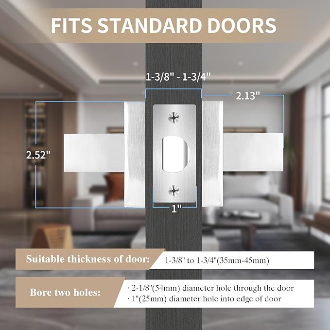 Square Passage Door Lever, Heavy Duty Interior Door Handles for Hallway& Closet Non-Locking Door Knob in Satin Nickel Keyless Door Lockset for Right & Left Side Door, 5 Pack