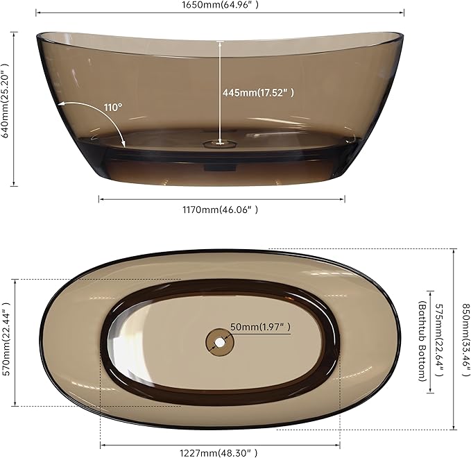 65" Premium Solid Surface Freestanding Bathtub, Contemporary Design Stand Alone Stone Resin Tub with Overflow and Pop-up Drain, Transparent Brown