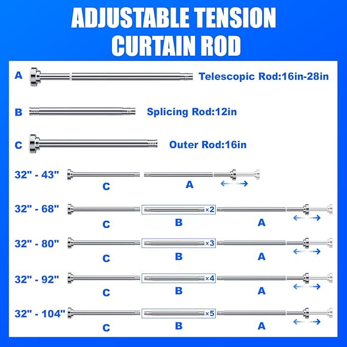 Ausemku Shower Curtain Rod - 32-92 Inch Rustproof Tension Rod, Non-Slip Spring Design, No Drilling Adjustable Curtain Rod for Bathroom, Kitchen, and Closet（Silver）