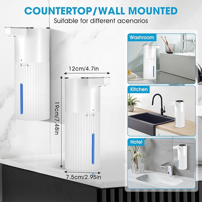 2 Pack Touchless Automatic Liquid Soap Dispenser, 13.5oz Smart Sensor Hand Wash Dispenser, USB Rechargeable & Adjustable for Bathroom Kitchen Sink, White Stripes
