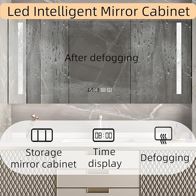 48IN Modern Bathroom Vanity - Wall-Mounted Bathroom Cabinet with LED Light | Intelligent Defogging Mirror Cabinet Includes Time Display Function, 2 Drawers & 2 Storage Cabinets (Style A)