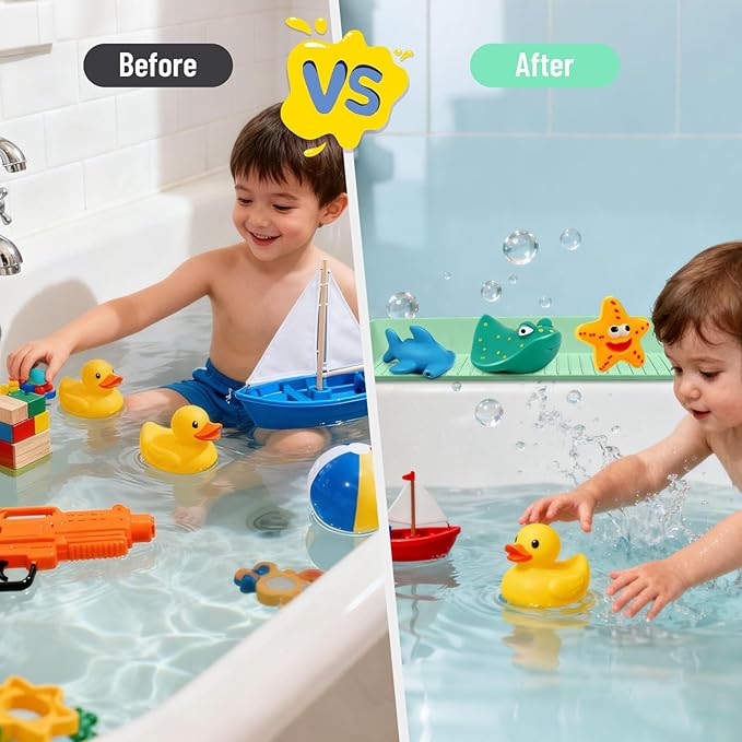 Splash Guard for Bathtub Kids, Longer Silicone Bathtub Splash Guard with 11 Suction Cups, Bath Tub Play Shelf for Kids & Toy Holder, Prevent Water Spill in Bathroom, Green