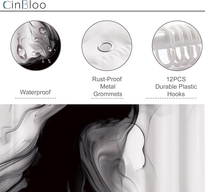 Cinbloo Black and White Marble Shower Curtain 72Wx72H Abstract Modern Neutral Ombre Grey Minimalist Bathroom Decor Elegant Ink Texture Cloth Fabric Bathroom Decor with 12 Hooks