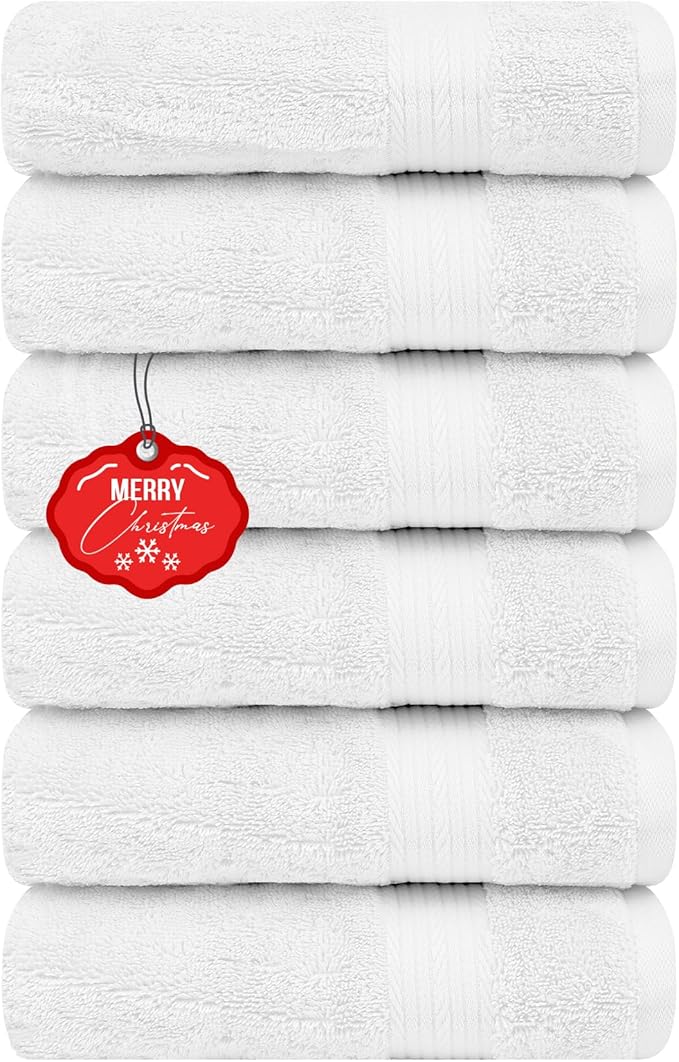 Ample Decor Hand Towel 18 X 28 Inch Pack of 6 600 GSM 100% Cotton,Soft Absorbent Thick Durable Premium Quality, for Hotel, Bathroom, Spa, Daily Use, Gym - Christmas White