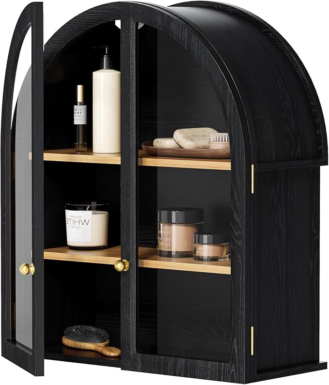 Small Arched Bathroom Wall Cabinet Modern Wooden Medicine Cabinet with Acrylic Doors Farmhouse Wall Mounted Cupboard Storage Organizer for Laundry Room, Dining Room, Black